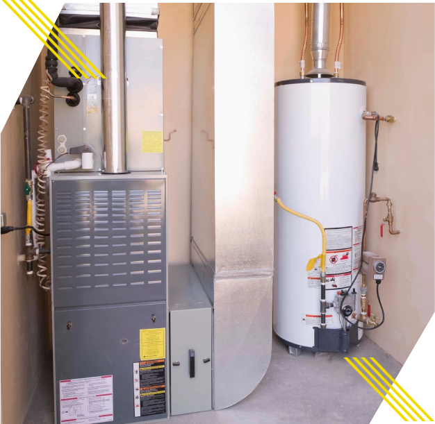 A gas furnace and water heater in a room.