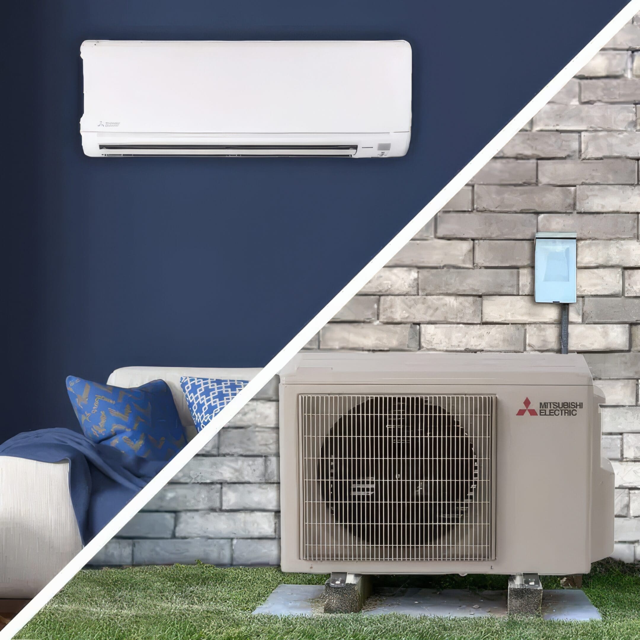 A split image of an air conditioner and a wall mounted unit.